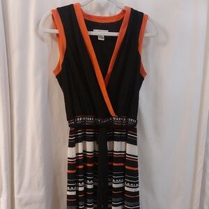 Stylish Black and Orange Belted Sleeveless Maxi Dress By Liz Claiborne Size M
